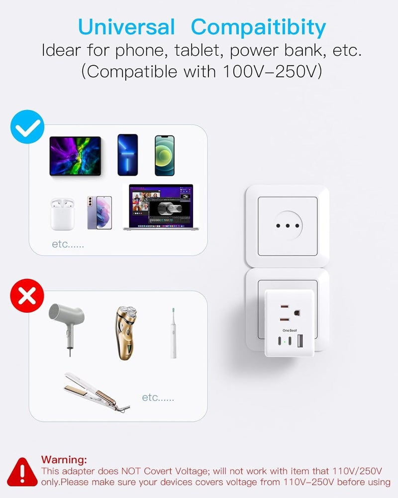 One Beat 2 Pack Italy Travel Plug Adapter, Type L Italy Power Adapter with 3 Outlets 3 USB Ports(2 USB C), 6 in 1 Travel Outlet Adaptor, 3 Prong Grounded Plug for USA to Italy Chile Uruguay Italian - Image 5